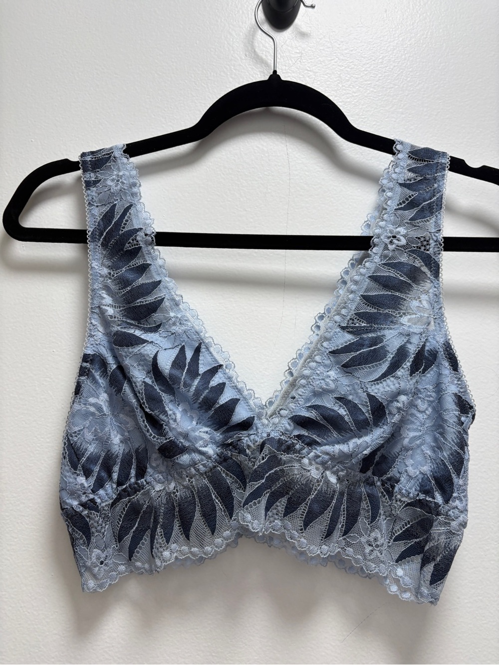 aerie Light Blue Lace Bralette with Navy Leaf Pattern